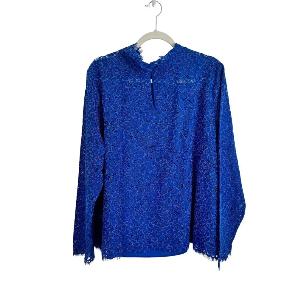 J Crew Scalloped Lace Mockneck Top Blue Preppy Work Office NWT Womens Size 24